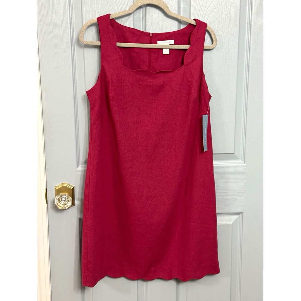 London Times Sangria Solid Scalloped Edge Linen Sheath Dress Sleeveless 8 NWT
